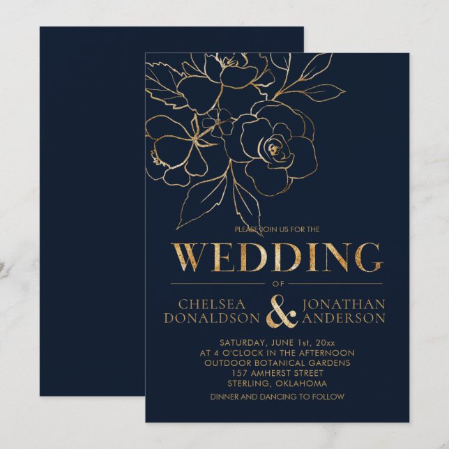 Invitation Elégant bleu marine avec Mariage Rose croqué or (Devant / Derrière)