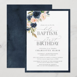 Invitation Elégant bleu marine Baptême rose 1er anniversaire