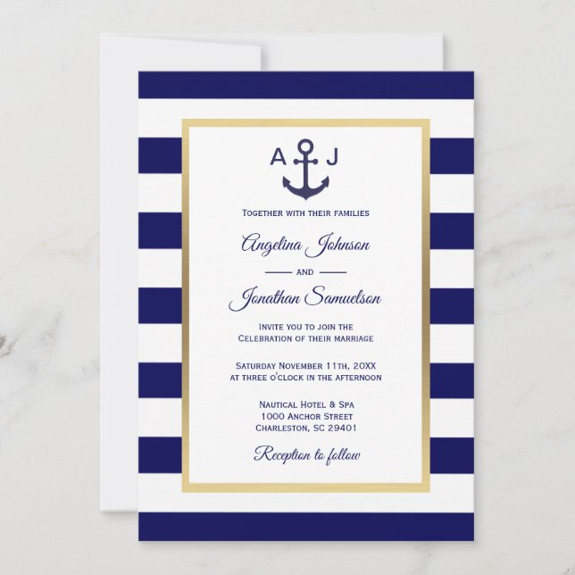 Invitation Élégant bleu marine Bleu Blancs Mariage nautique (Devant)