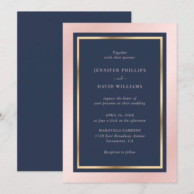 Invitation Elégant bleu marine Blush et Mariage or (Devant / Derrière)