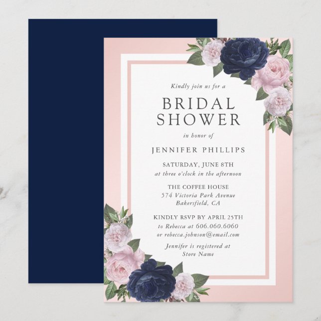 Invitation Elégant bleu marine Blush rose Fête des mariées fl (Devant / Derrière)
