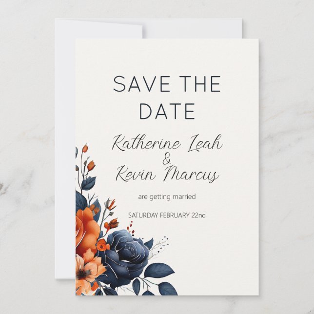 Invitation Elégant bleu marine Burnt Orange Aquarelle Floral (Devant)