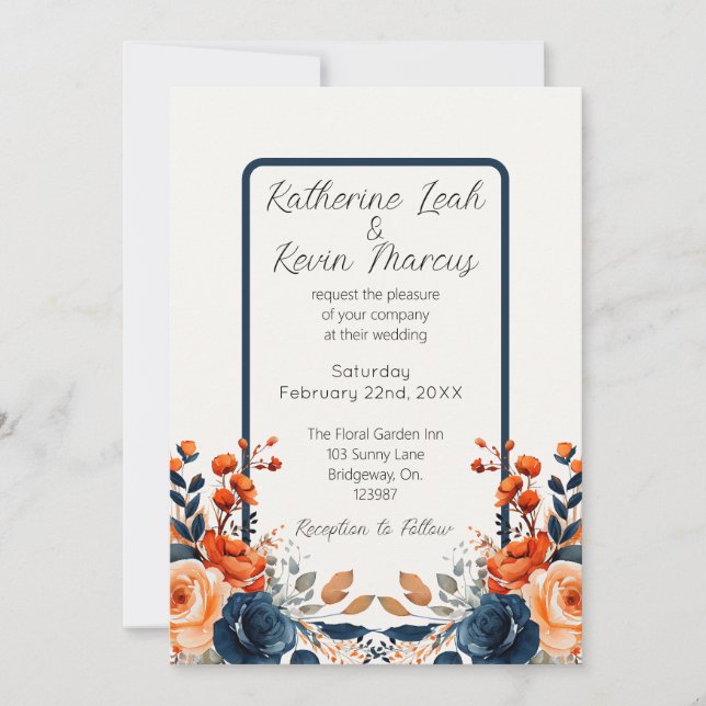 Invitation Elégant bleu marine Burnt Orange Aquarelle Floral (Devant)