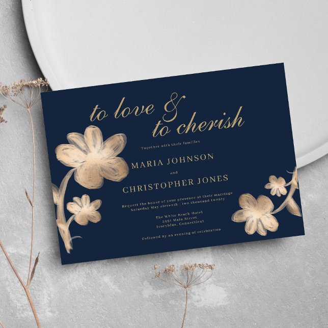 Invitation Elégant bleu marine chic or script Mariage floral (Elegant navy blue chic gold script floral Wedding )