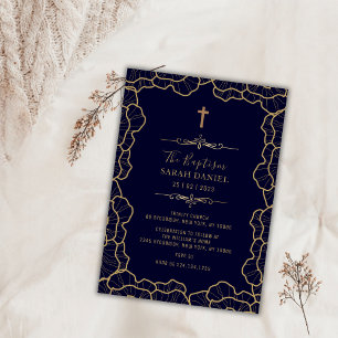 Invitation Élégant bleu marine Croix de la Fleur d'or Baptême