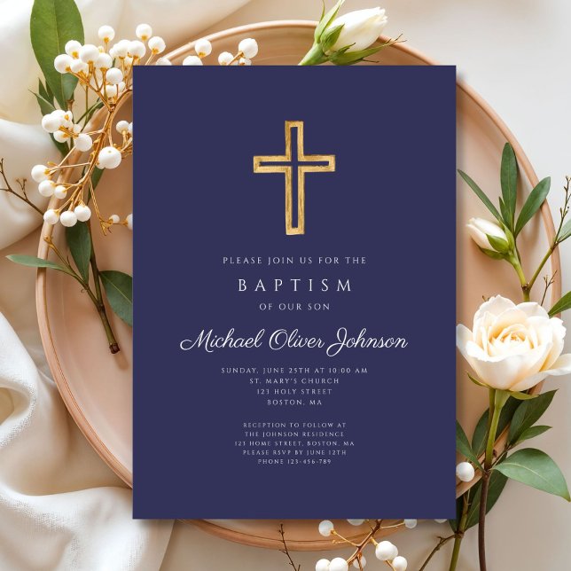 Invitation Élégant bleu marine Croix religieuse Boy Baptism (Elegant Navy Blue Religious Cross Boy Baptism Invitation)