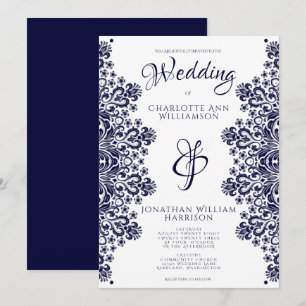 Invitation Elégant bleu marine dentelle blanche Mariage roman