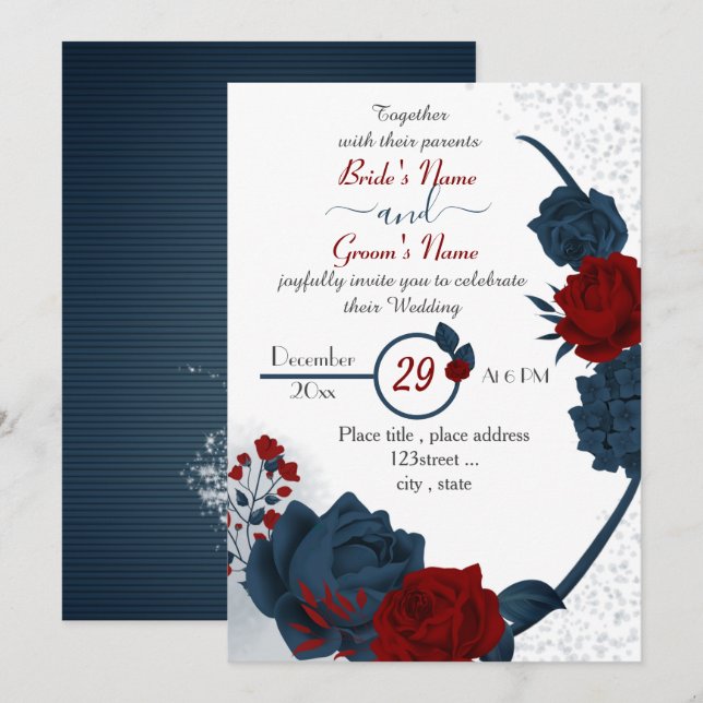 Invitation élégant bleu marine et bordeaux fleurs rouges mari (Devant / Derrière)