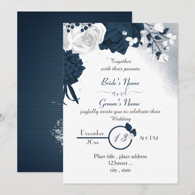 Invitation élégant bleu marine et fleurs blanches mariage (Devant / Derrière)