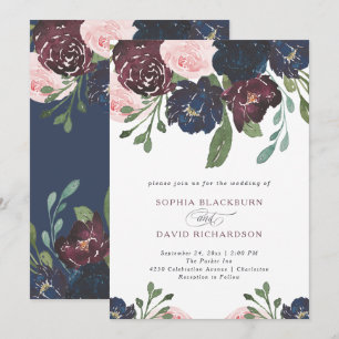 Invitation Elégant bleu marine et flore de prune   MARIAGE