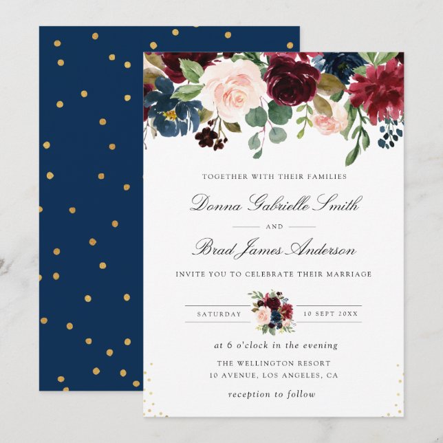 Invitation Elégant bleu marine et mariage floral bordeaux (Devant / Derrière)