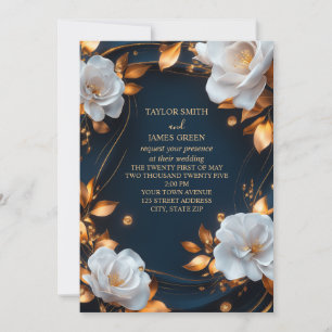 Invitation Elégant bleu marine et or floral