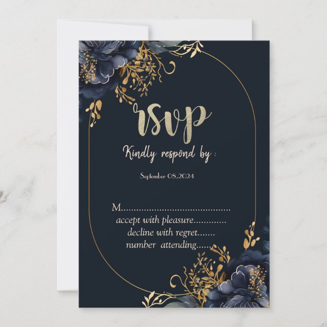 Invitation Elégant bleu marine Fleurs RSVP (Devant)