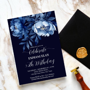 Invitation Elégant bleu marine floral anniversaire modèle