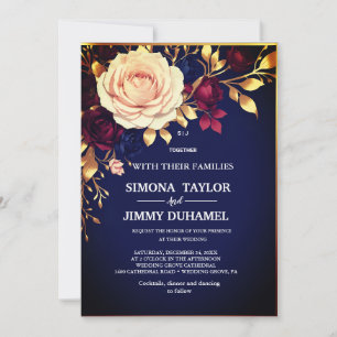 Invitation Elégant bleu marine Floral or Blush rose Mariage