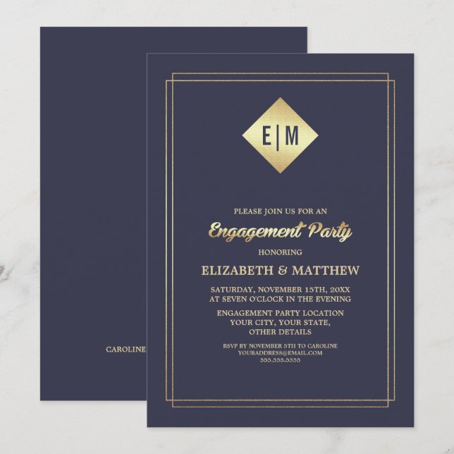Invitation Elégant bleu marine | Gold Engagement Party (Devant / Derrière)