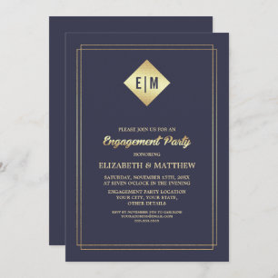 Invitation Elégant bleu marine   Gold Engagement Party