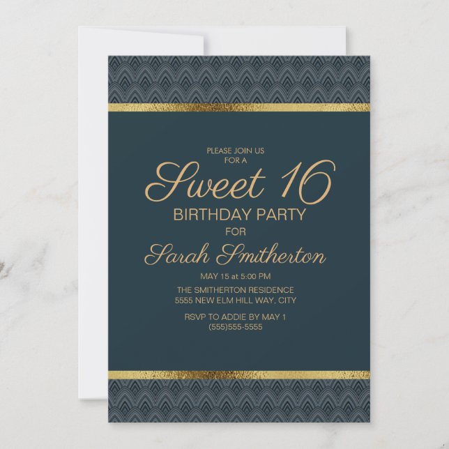 Invitation Elégant bleu marine Gold Sweet 16 Anniversaire (Devant)