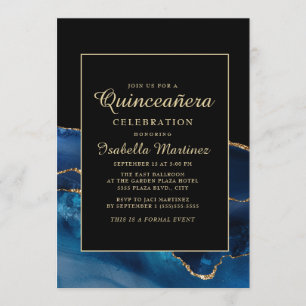 Invitation Élégant bleu marine or agate/marbre Quinceañera