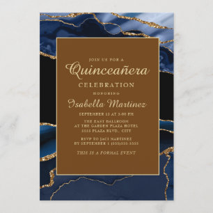 Invitation Élégant bleu marine or marbre agate Quinceañera