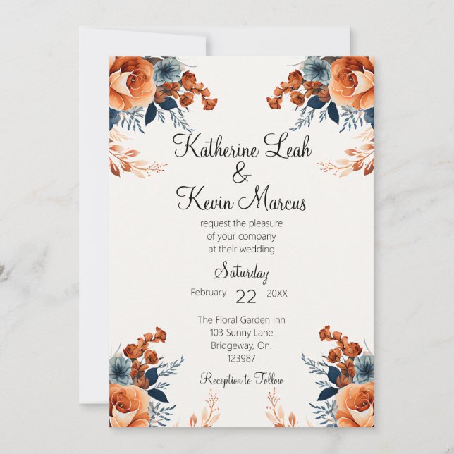 Invitation Elégant bleu marine Orange floral (Devant)