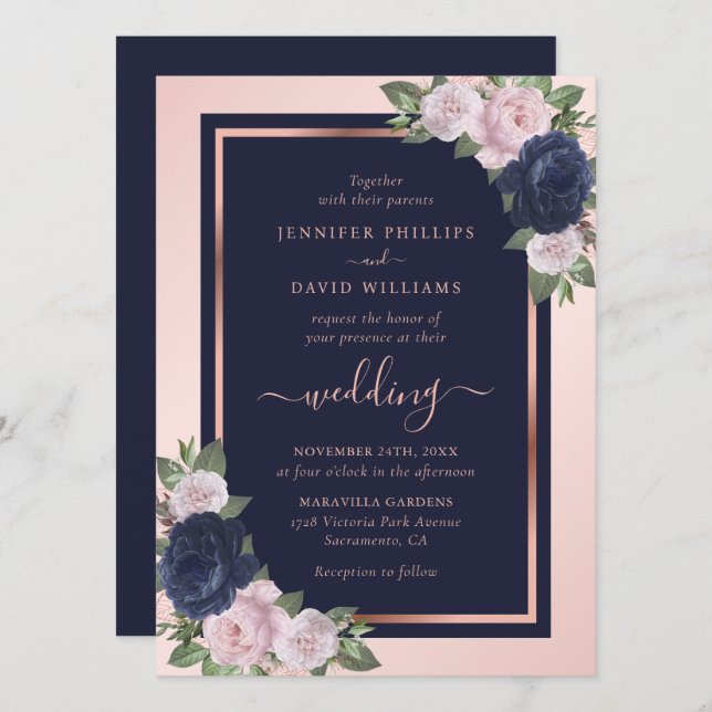 Invitation Elégant bleu marine Rose or Floral Mariage (Devant / Derrière)