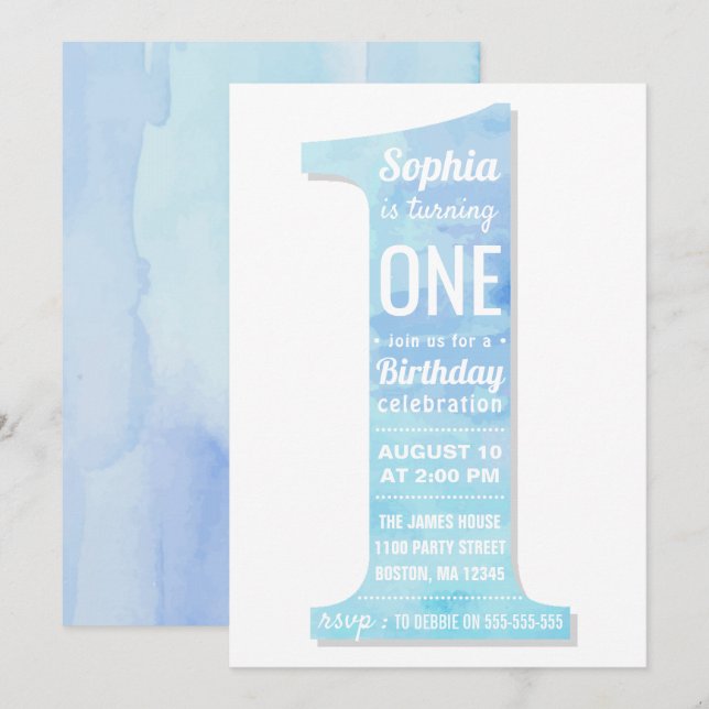 Invitation Elégant bleu moderne aquarelle garçon premier anni (Devant / Derrière)