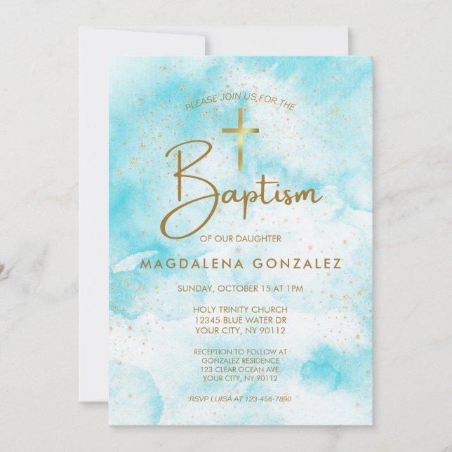 Invitation Elégant bleu moderne Aquarelle or Croix Baptême (Devant)