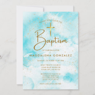 Invitation Elégant bleu moderne Aquarelle or Croix Baptême