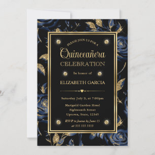 Invitation Élégant Bleu Nuit et Or Rose Florale Quinceanera