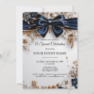 Invitation Élégant Bleu Nuit Or Fleurs Ruban Fête