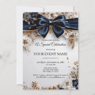Invitation Élégant Bleu Nuit Or Fleurs Ruban Soirée