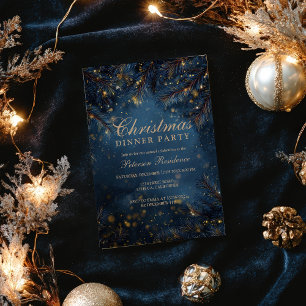 Invitation Élégant Bleu Nuit Or Lumières Pin Soirée de Noël