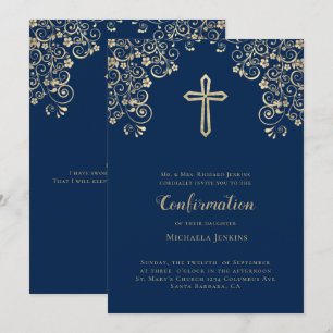 Invitation Élégant Bleu Or Bible Verse Confirmation