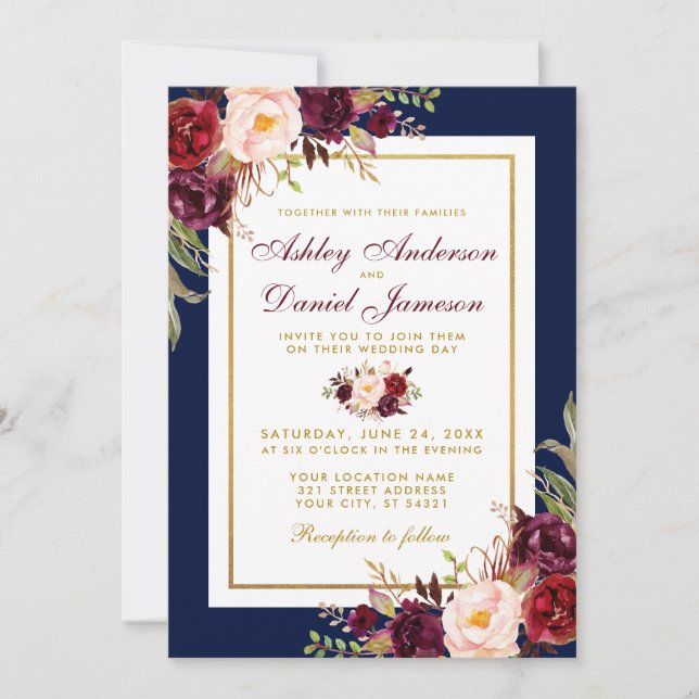 Invitation Elégant Bleu Or Bourgogne Floral Mariage Invitatio (Devant)