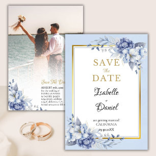 Invitation Elégant Bleu or Floral Mariage Enregistrer La Date