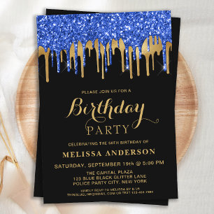 Invitation Elegant Bleu Or Pailleté Gouttes d'anniversaire
