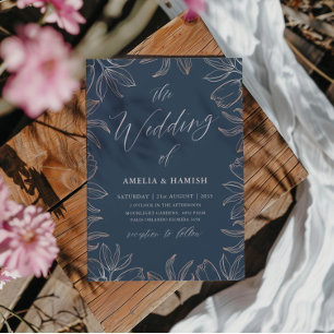 Invitation Elégant Bleu & or Rose Mariage de feuillage