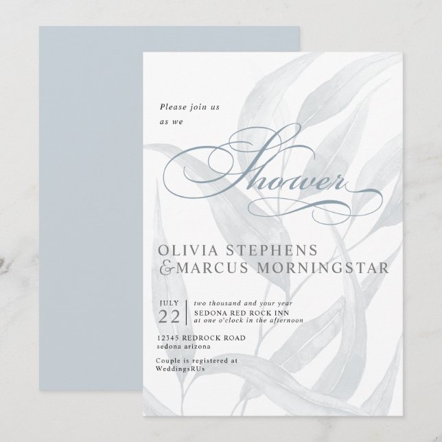 Invitation Élégant bleu pâle Dusty Eucalyptus Feuilles (Devant / Derrière)