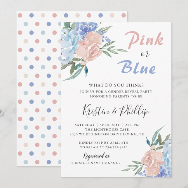 Invitation Élégant bleu rose Floral Baby shower de révélation (Devant / Derrière)