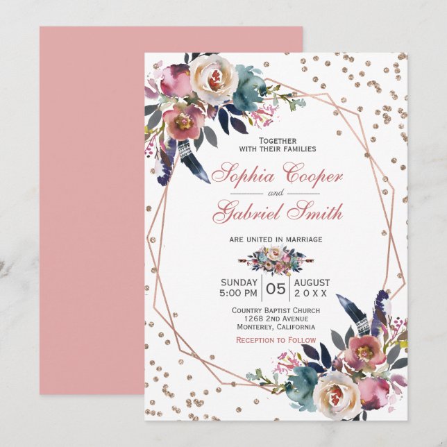 Invitation Élégant bleu rose floral | Mariage Gold Frame (Devant / Derrière)