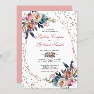 Invitation Élégant bleu rose floral   Mariage Gold Frame