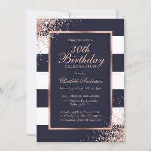 Invitation Elégant bleu Rose Gold Confetti 30e anniversaire