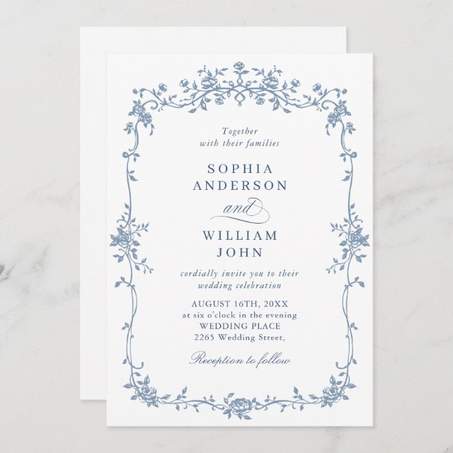 Invitation Elégant bleu Rose jardin mariage code QR (Devant / Derrière)