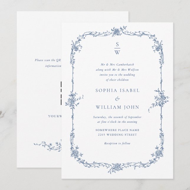 Invitation Elégant bleu Rose jardin mariage code QR (Devant / Derrière)