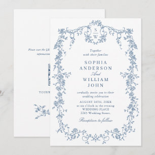 Invitation Elégant bleu Rose jardin mariage code QR