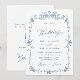Invitation Elégant bleu Rose jardin mariage code QR