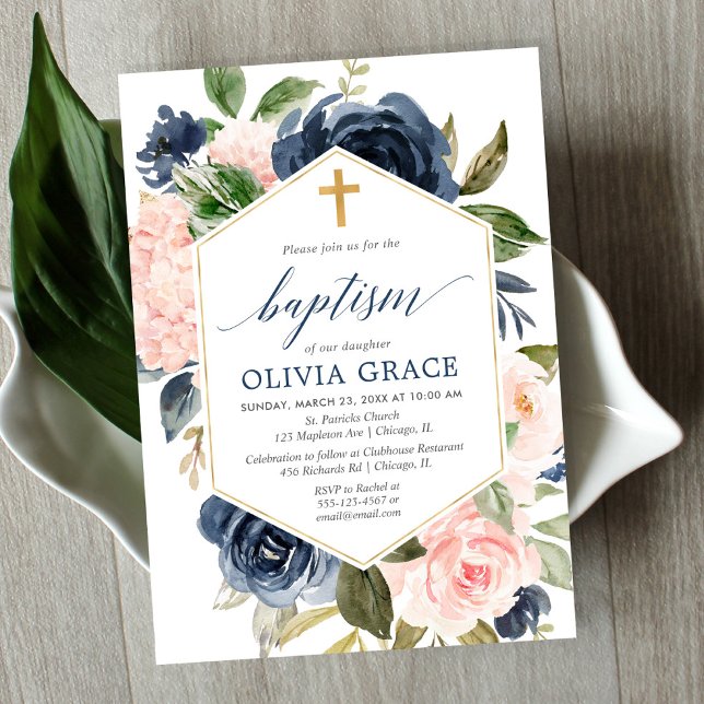 Invitation Elégant bleu rose marine fille baptême floral (Créateur téléchargé)