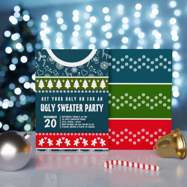Invitation Élégant Bleu Rouge et Vert Douleur moche Fête de N (Elegant Blue Red and Green Ugly Sweater Xmas Party Invitation)