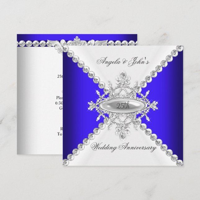 Invitation Elégant Bleu Royal Blanc 25e Anniversaire de Maria (Devant / Derrière)
